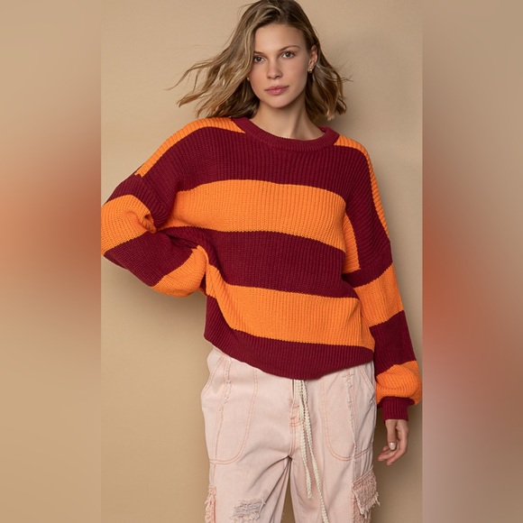 #093 POL So Comfy Burgundy Orange Striped Sweater - Picture 2 of 5